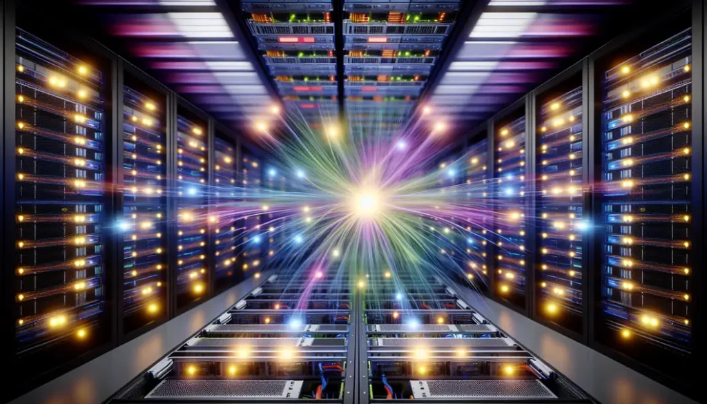 AI hyperscale data center network with interconnected racks, high-speed optics, and modern switches.