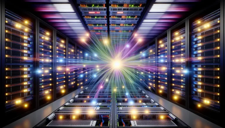 AI hyperscale data center network with interconnected racks, high-speed optics, and modern switches.