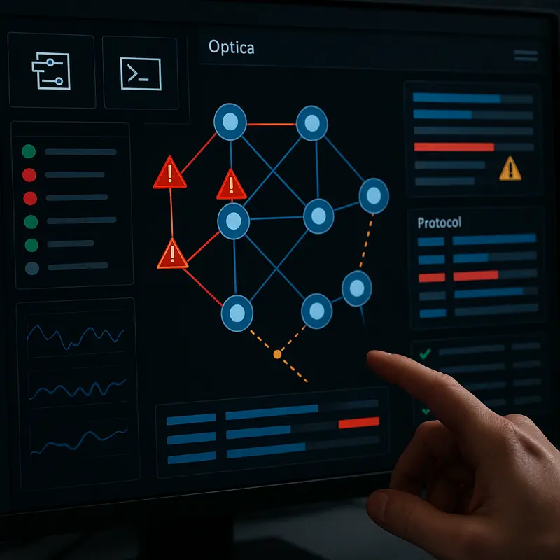 An optical fiber network affected by physical damage such as construction cuts and fiber sheath breaches.