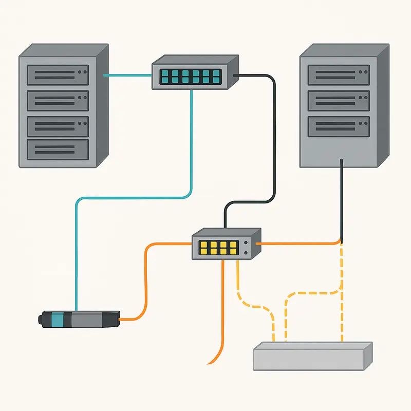 A data center showcasing multimode and single-mode fiber connections demonstrating different reach capabilities.