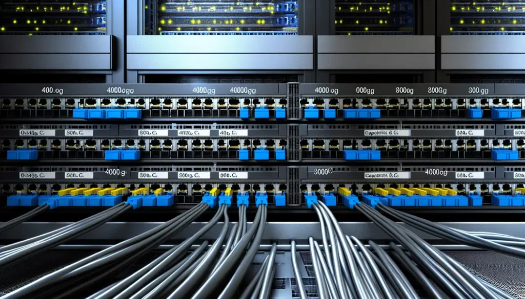 A wide-angle view of a data center with visible 400G and 800G optical modules and structured cabling systems.