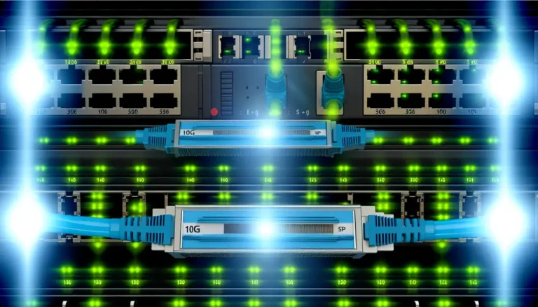 A data cabinet with 10G and 25G transceiver connections illustrating performance and scalability considerations.