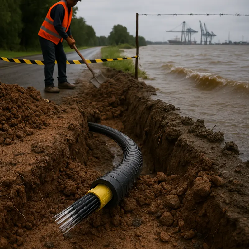 An optical fiber network affected by physical damage such as construction cuts and fiber sheath breaches.