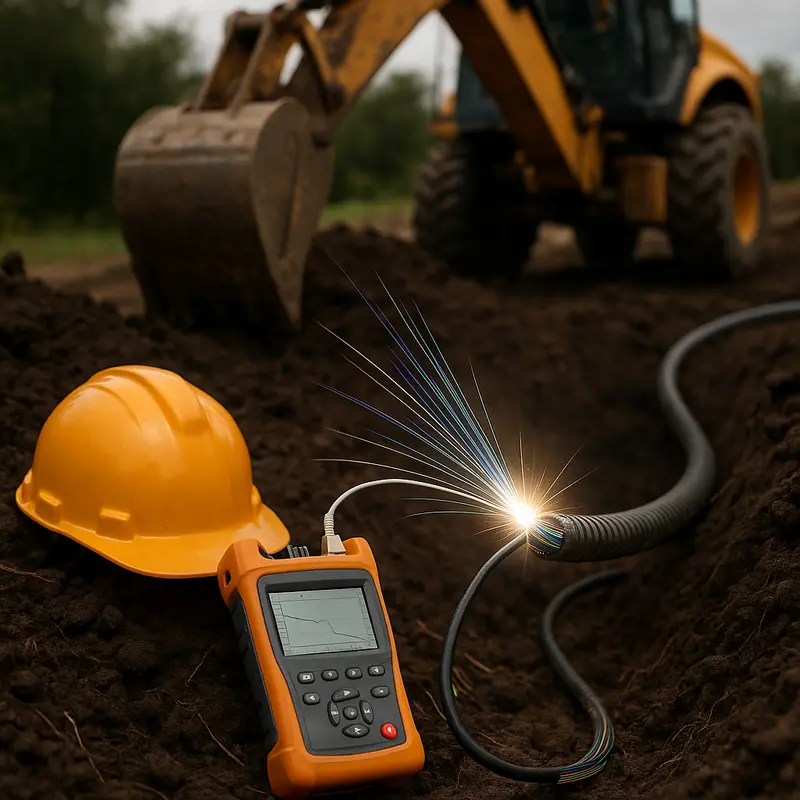 An optical fiber network affected by physical damage such as construction cuts and fiber sheath breaches.