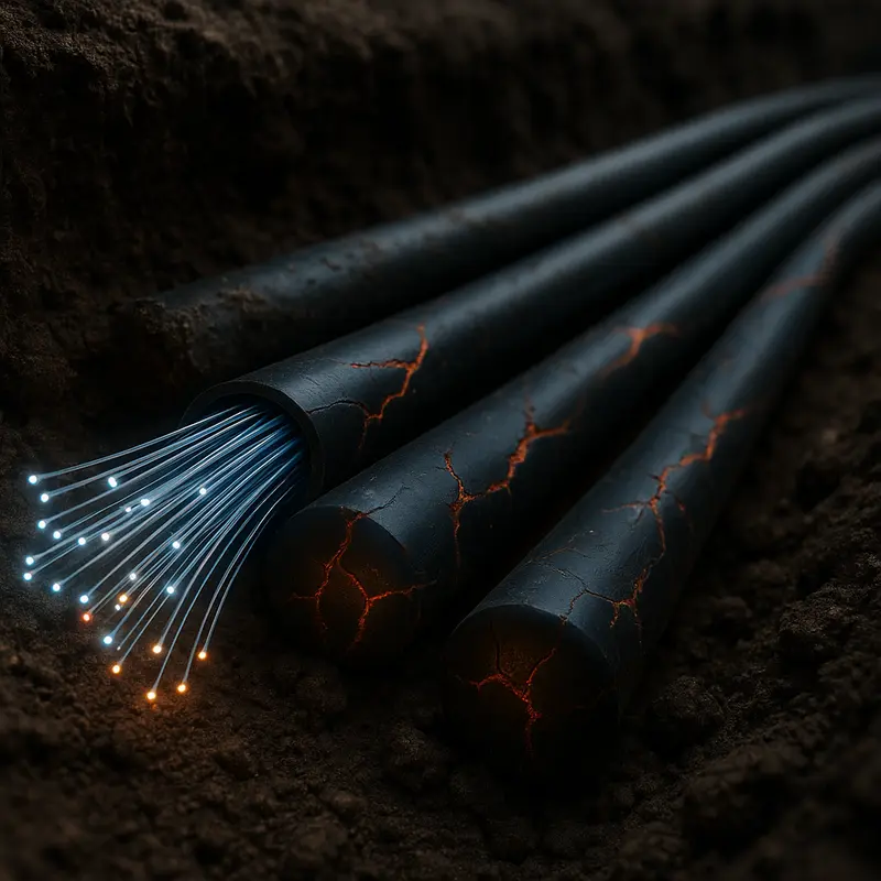 Fiber optic cables with visible micro-cracks and attenuation graphs representing physical layer issues.