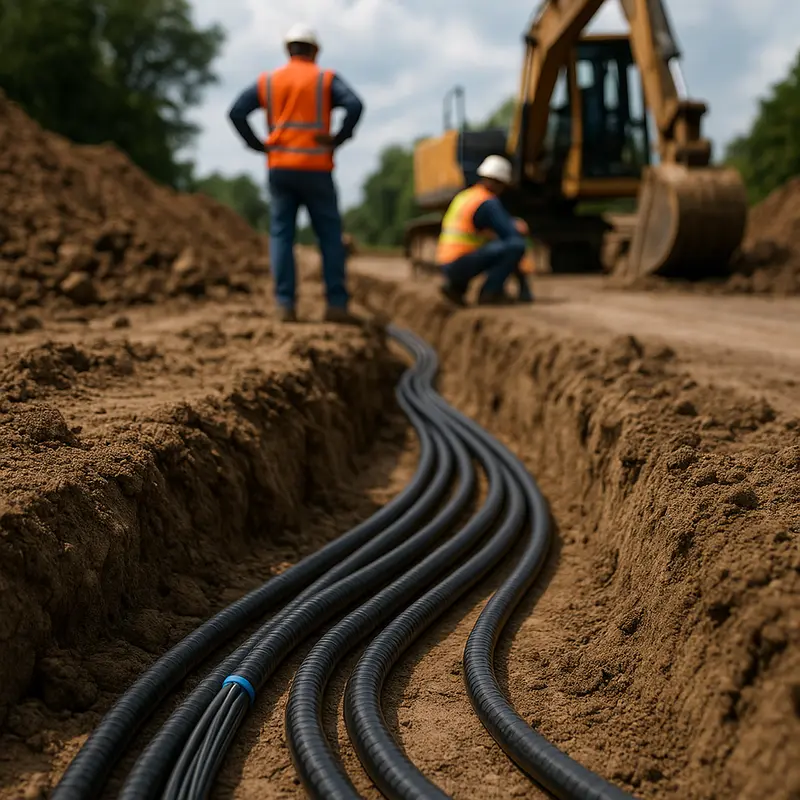 Fiber optic cables exposed to common physical infrastructure risks like construction dig-ups and aerial storm damage.