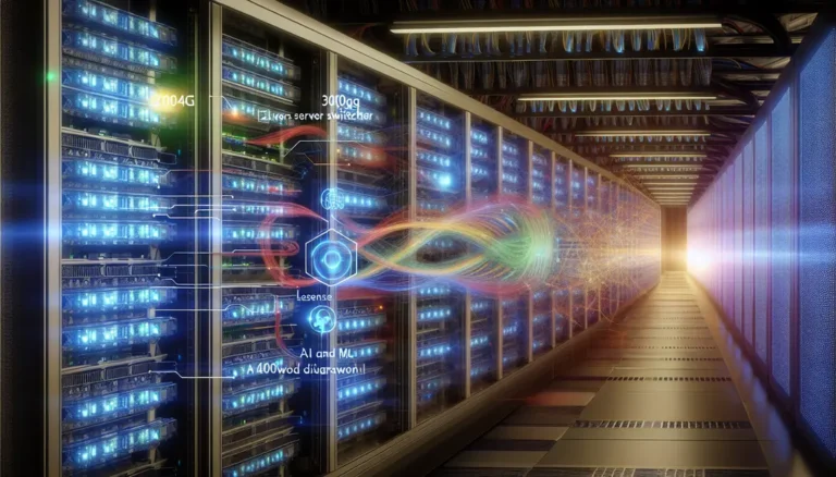 A futuristic 400G-enabled data center with fiber optics, modern cooling, and workload visualizations.