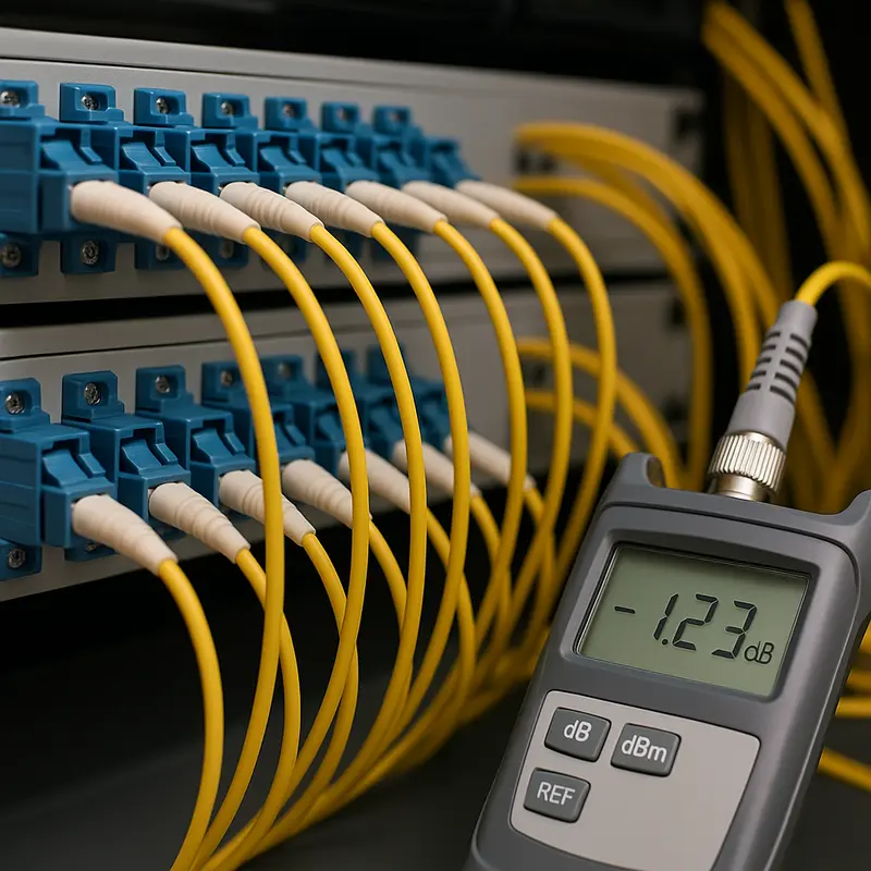 High-speed optical modules interconnected with network switches in a modern data center.