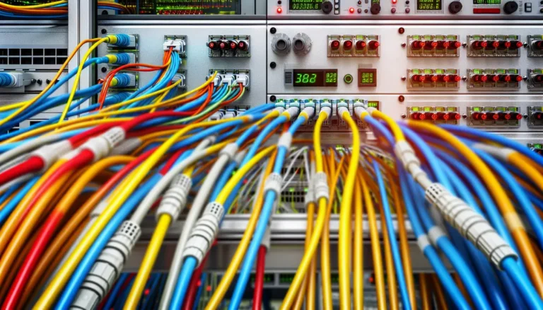 A detailed visual of interconnected fiber optic networks in data centers, focused on interpreting potential failure points.