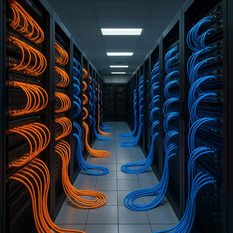 A data center showcasing multimode and single-mode fiber connections demonstrating different reach capabilities.