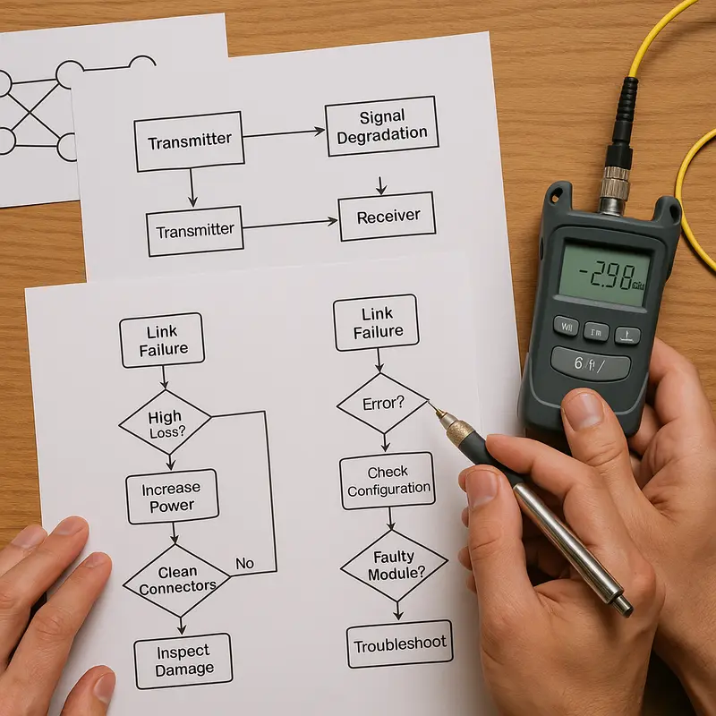 A network admin resolving errors in a high-speed optical network workflow.