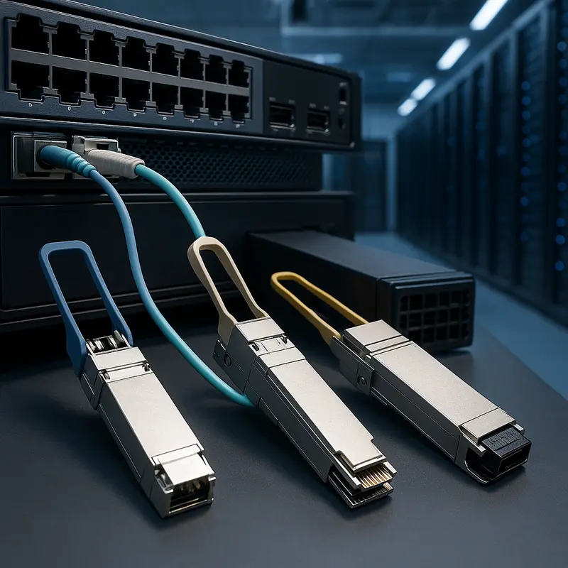 High-speed optical modules interconnected with network switches in a modern data center.
