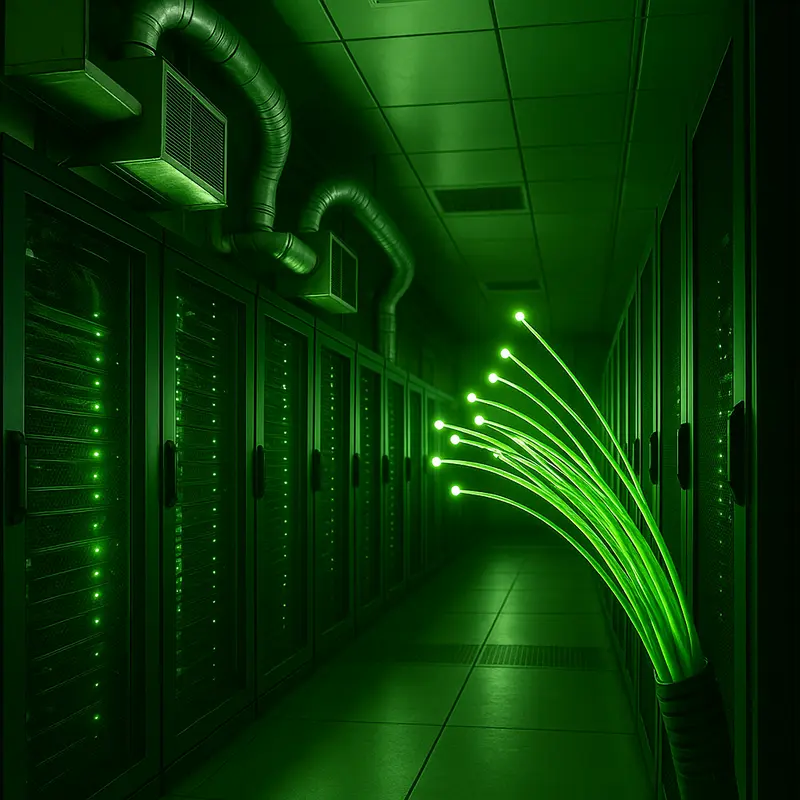 A data center showcasing multimode and single-mode fiber connections demonstrating different reach capabilities.