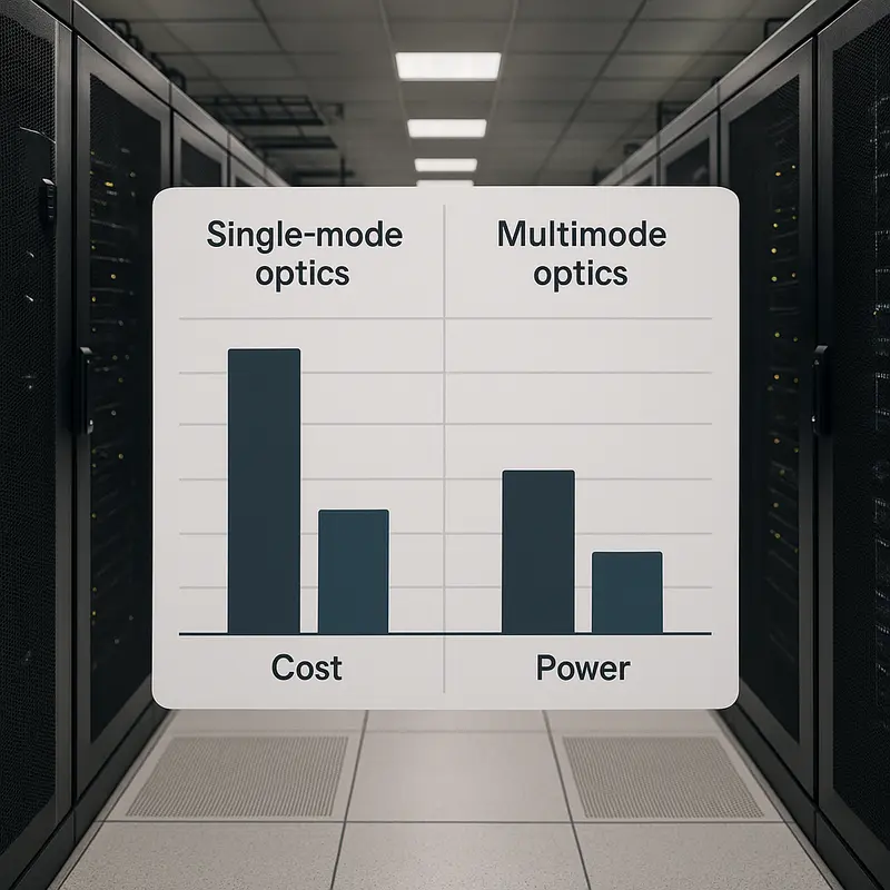 A data center showcasing multimode and single-mode fiber connections demonstrating different reach capabilities.