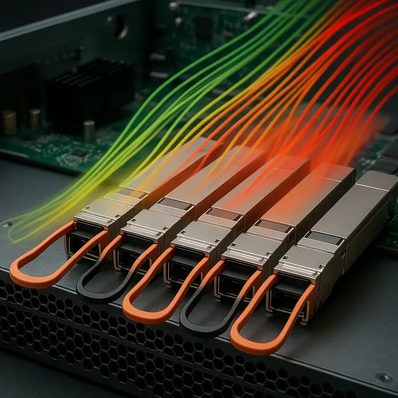 High-speed optical modules interconnected with network switches in a modern data center.