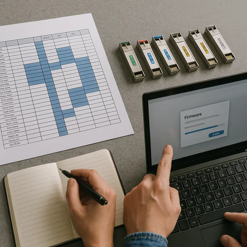 High-speed optical modules interconnected with network switches in a modern data center.