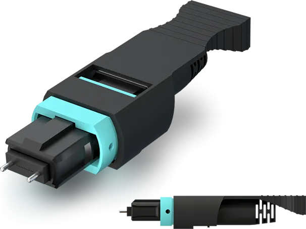 MPO connector with pull tab showing key orientation