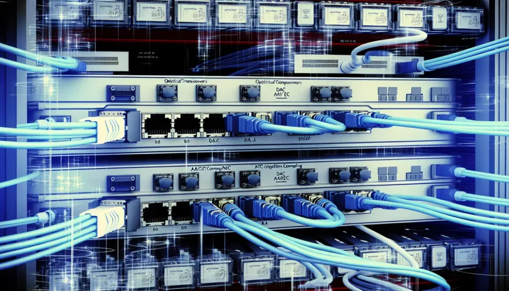 An illustrated data center network showing connectivity, optical transceivers, and high-performance AI workloads.