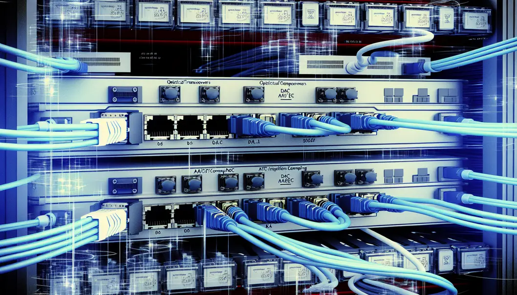 An illustrated data center network showing connectivity, optical transceivers, and high-performance AI workloads.