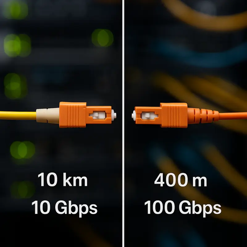 A comparison of single-mode and multimode fiber technologies by distance and speed standards.
