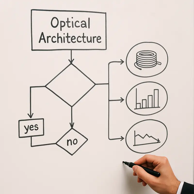 A visual guide outlining key evaluation criteria for optical architecture decisions in data centers.
