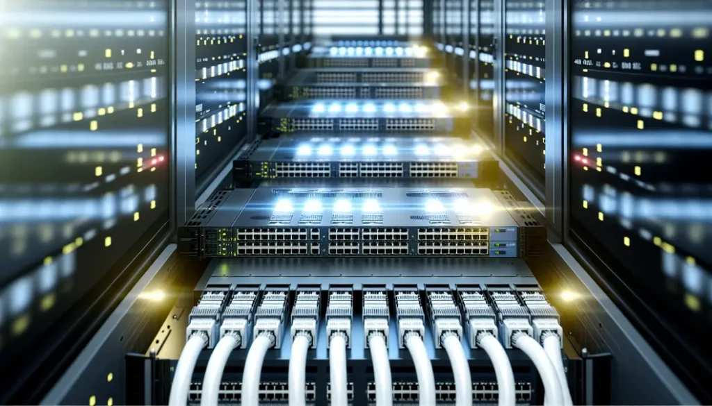 High-density switches connected by structured cabling in an active state, supporting modern 400G optical modules.