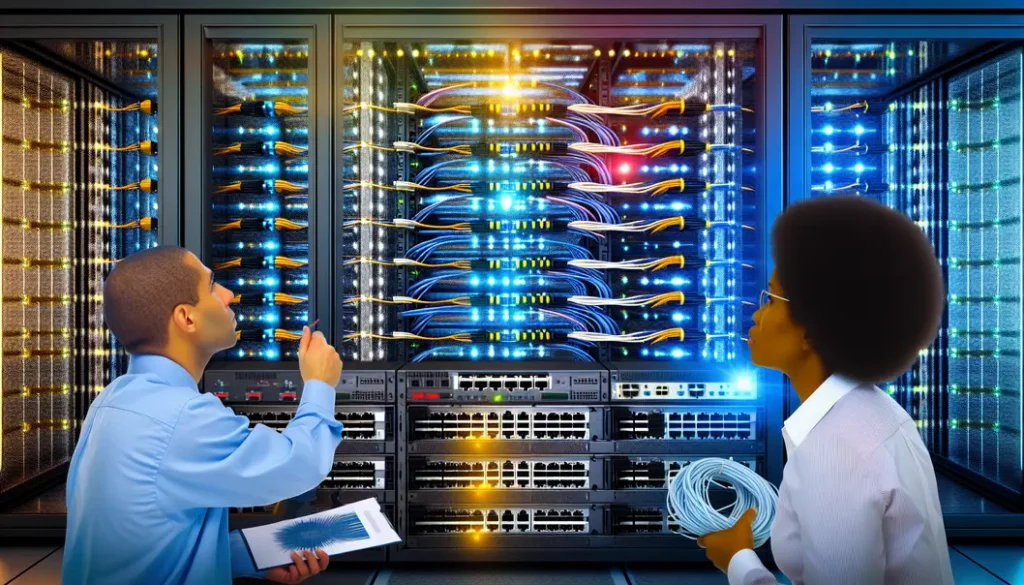 A photo-realistic image of a modern data center with glowing equipment and fiber optic cabling infrastructure.