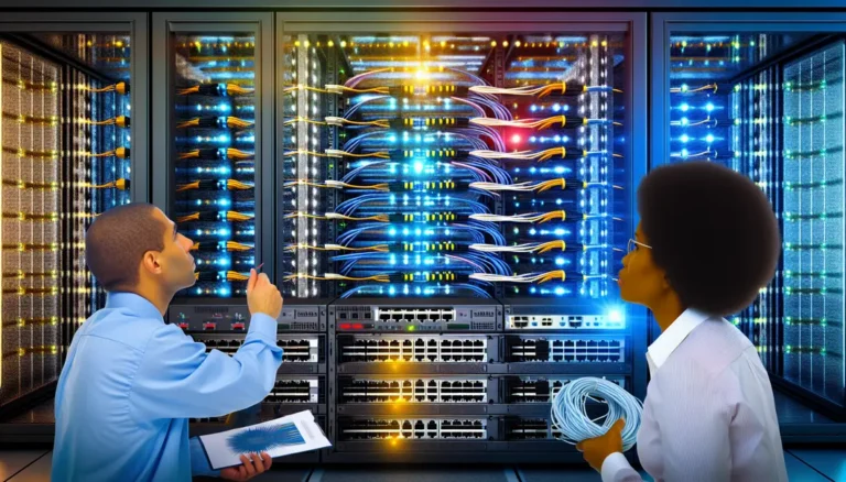 A photo-realistic image of a modern data center with glowing equipment and fiber optic cabling infrastructure.