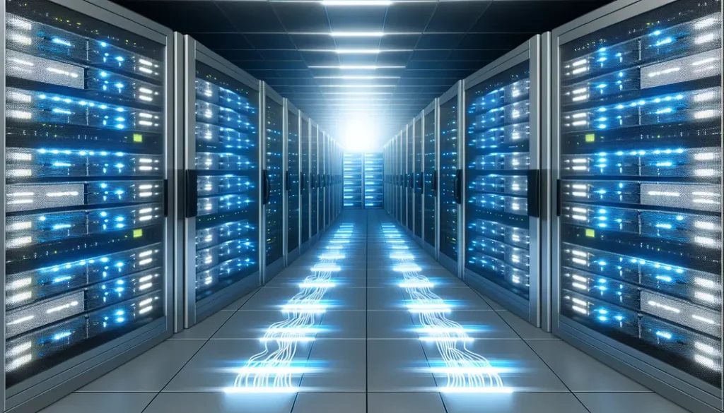 A hyperscale data center floor featuring rows of network racks and illuminated with high-tech optical cabling.