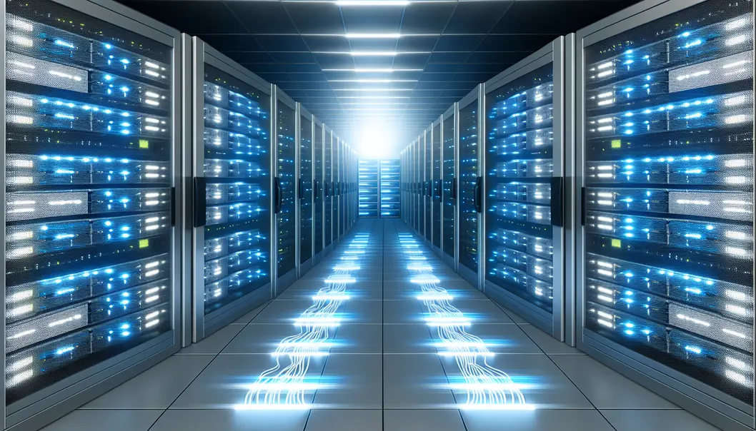 A hyperscale data center floor featuring rows of network racks and illuminated with high-tech optical cabling.