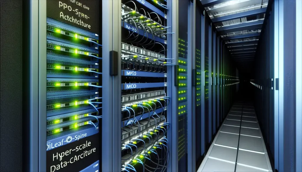 Hyperscale data center image showing racks, structured cabling, and advanced optical modules used in leaf-spine topologies.