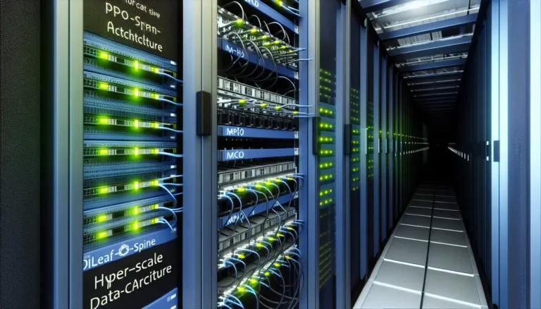 Hyperscale data center image showing racks, structured cabling, and advanced optical modules used in leaf-spine topologies.