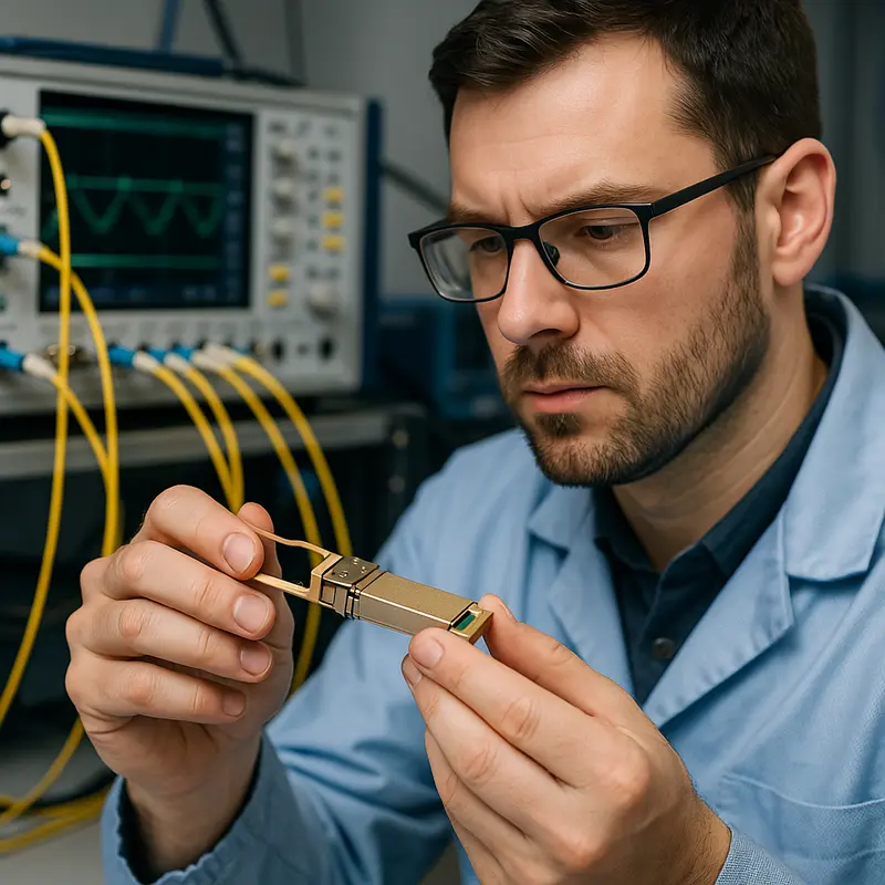 Technician evaluating a 400G transceiver’s performance using specialized test equipment.
